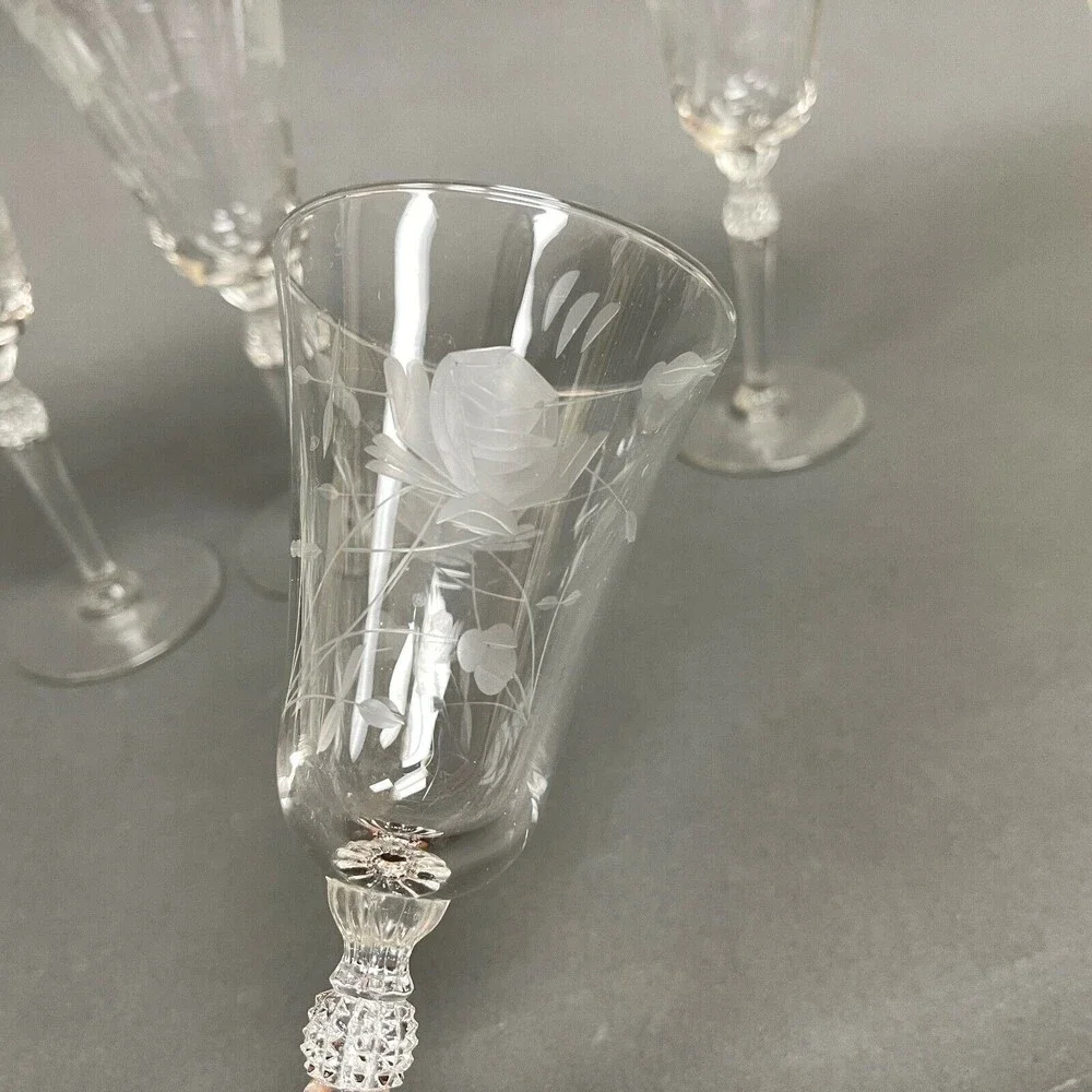 Wine Glasses Clear Glass Etched Roses Flowers Stemmed‎ 7